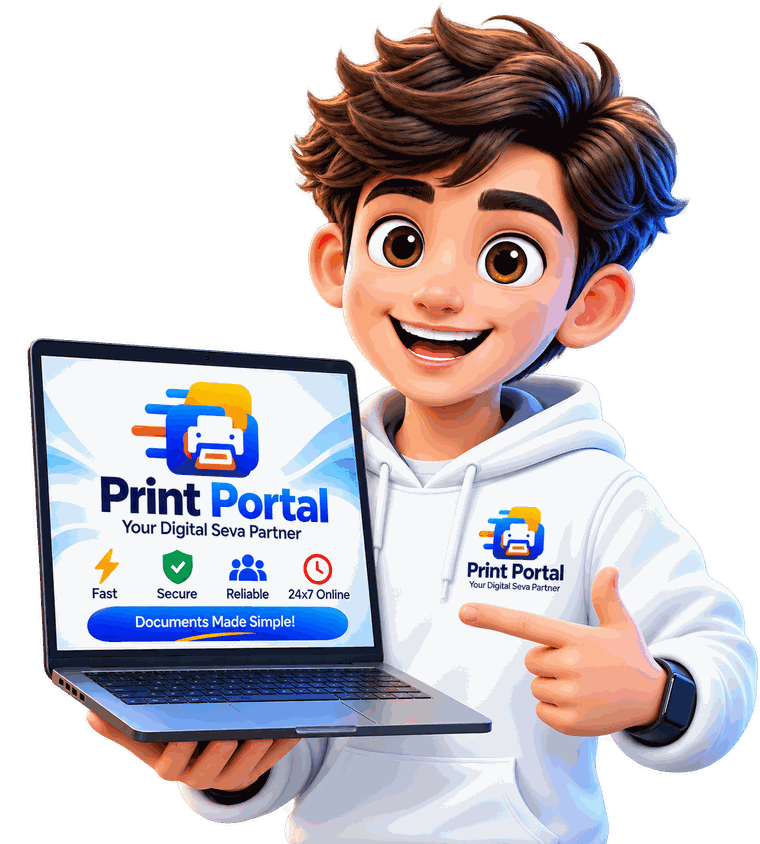 Print Portal par laptop se document print karta hua CSC VLE